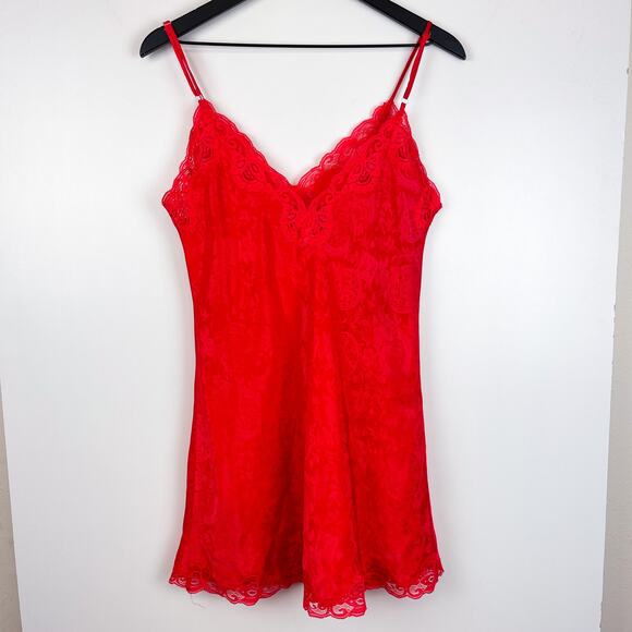 Vintage Victoria’s Secret Size S Lace Trim Slip Dress Bright Red Satin - Picture 6 of 10